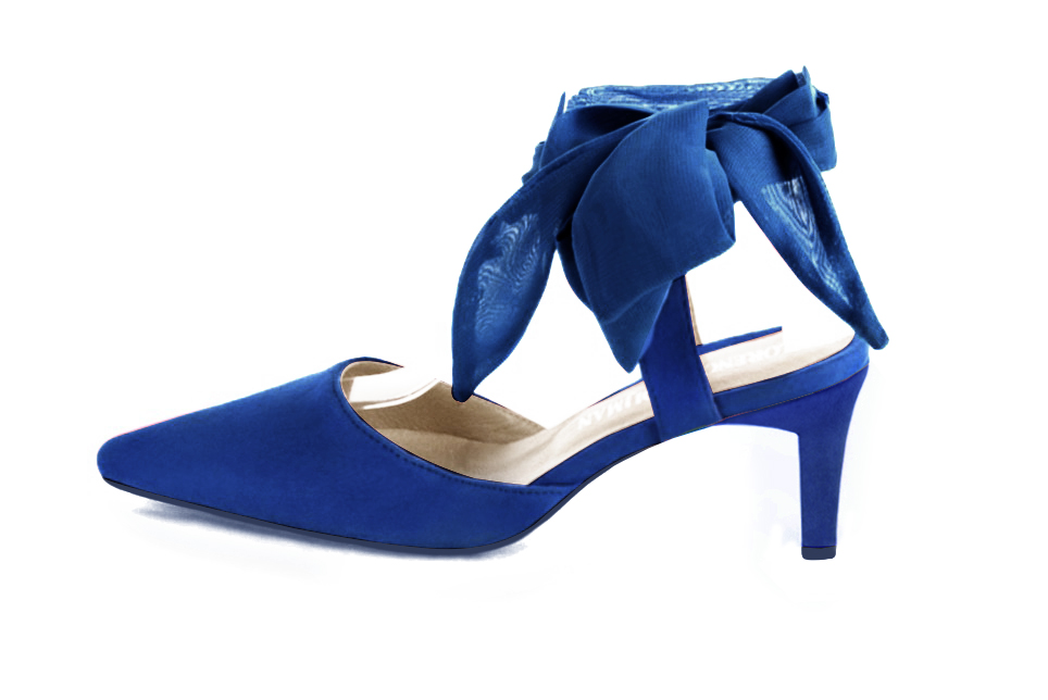 French elegance and refinement for these electric blue dress open back shoes, with an ankle scarf, 
                available in many subtle leather and colour combinations. This pretty pump will sublimate your leg with its scarf tied at the ankle.  
                Matching clutches for parties, ceremonies and weddings.   
                You can customize these shoes to perfectly match your tastes or needs, and have a unique model.  
                Choice of leathers, colours, knots and heels. 
                Wide range of materials and shades carefully chosen.  
                Rich collection of flat, low, mid and high heels.  
                Small and large shoe sizes - Florence KOOIJMAN